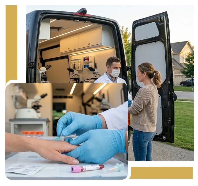 A 1 Stikk Mobile clinician greeting a patient at a mobile lab van